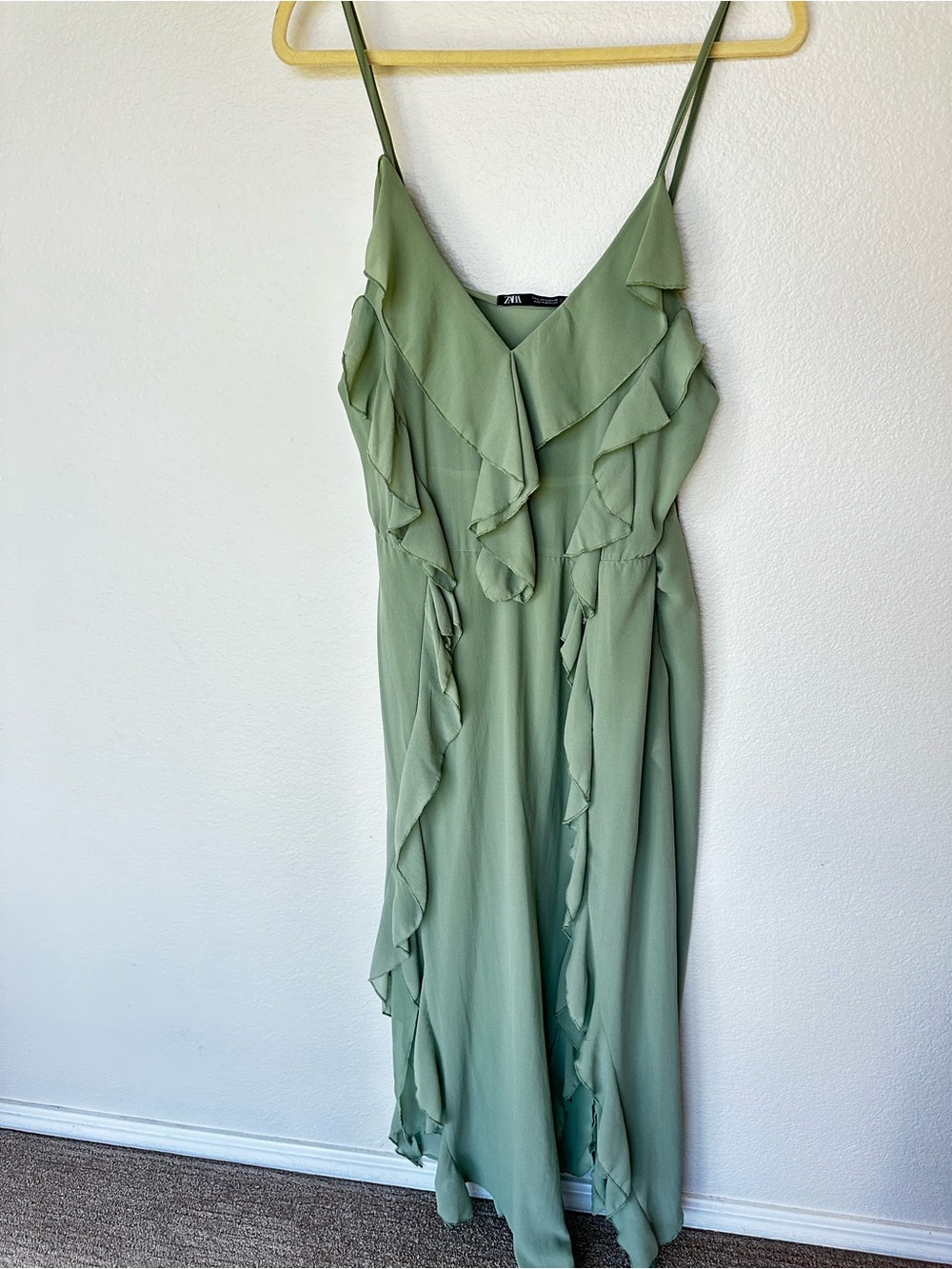Zara NWOT Sage Green Chiffon ruffle Midi Asymmetrical Hem Dress